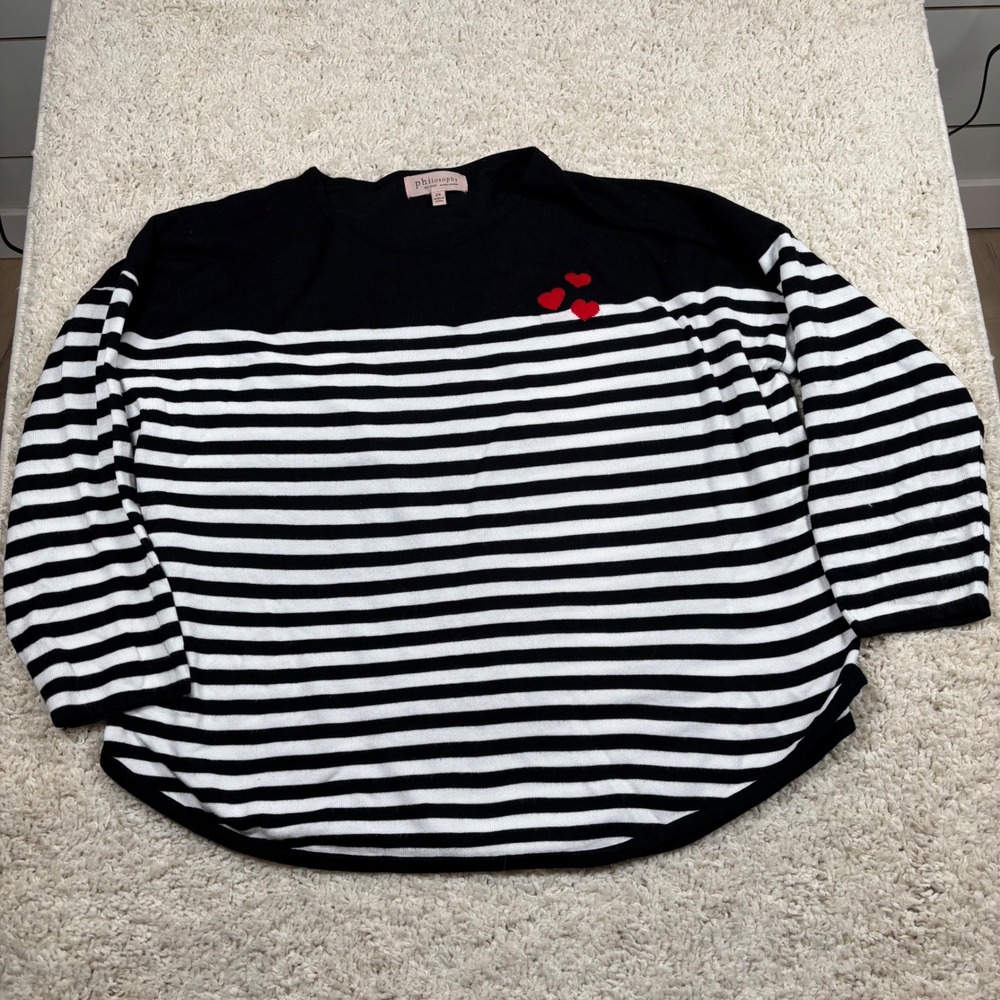 Philosophy Woman Black White Stripe Heart Detail Knit Sweater 2X